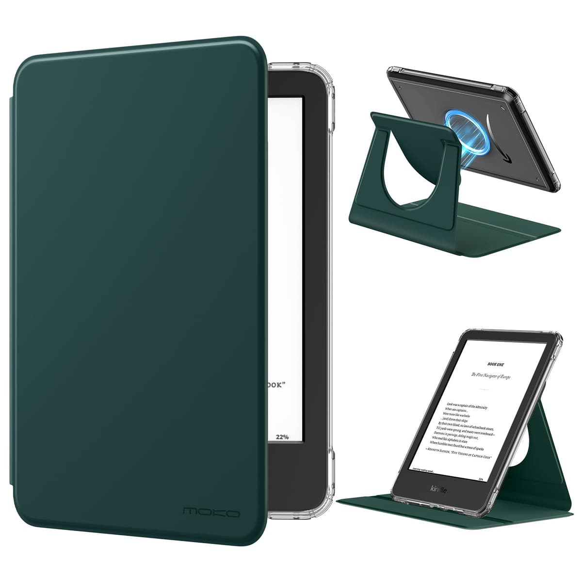 MoKo 360° Rotating Case for 6" All-New Kindle (11th Generation-2024/2022 Release), Clear Back Detachable Magnetic Protective Adjustable Stand Cover with Auto Wake/Sleep, Midnight Green