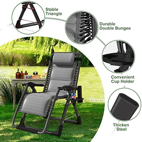 NAIZEA Padded Zero Gravity Chair, Cooling Fabric Folding Outdoor Lounge Chairs, Adjustable Reclining Camping Chairs with Cup Holder, Ergonomic Patio Lawn Chair for Balcony Beach Deck Yard — view 5