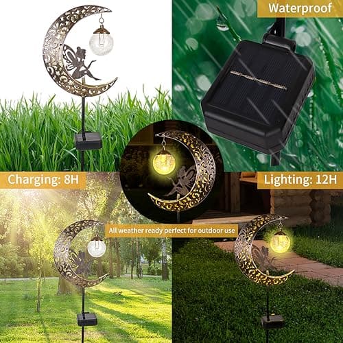 Solar Garden Lights Outdoor Decor,Moon Fairy Crackle Glass Lights,Waterproof Warm White LED Metal Stake Ornament,for Walkway Backyard Patio Lawn Pathway Decorations-Unique Gift Ideas for Gardening — view 3