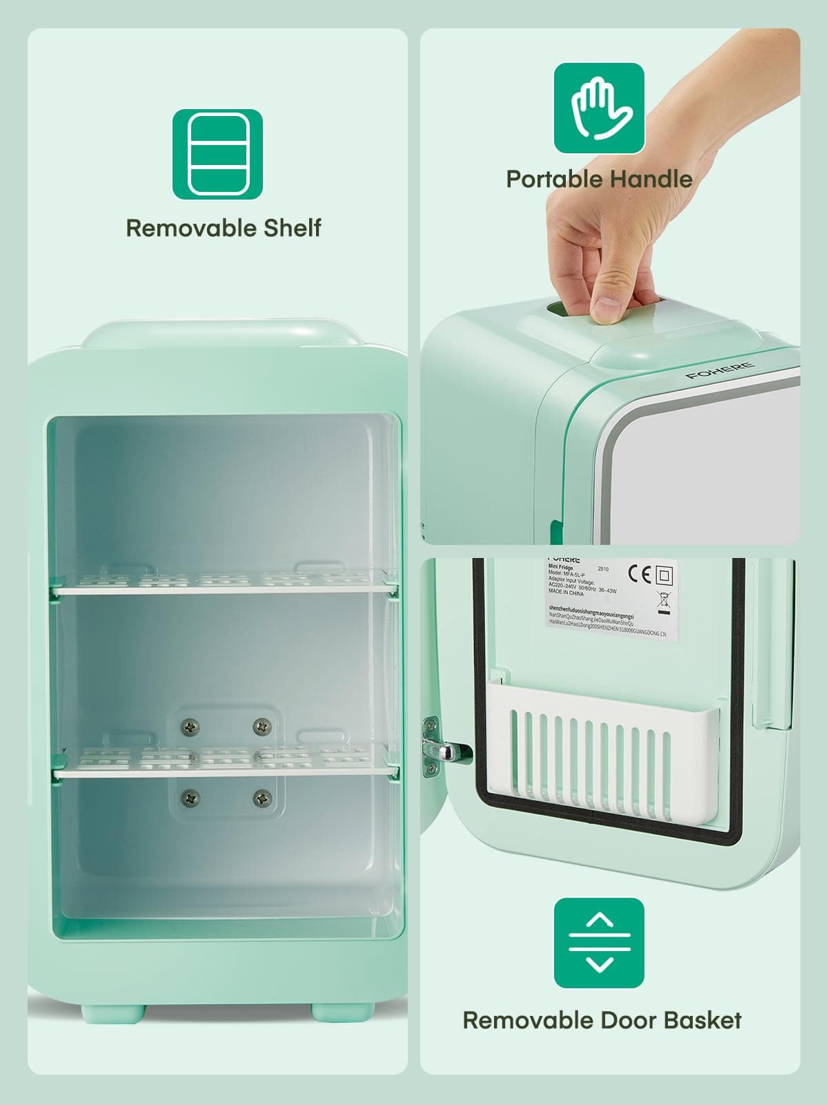 FOHERE Mini Fridge for Bedrooms, 5L/6 Can Portable Skincare Fridge with Dimmable LED Light Mirror, Cooler & Warmer for Food, Drinks and Cosmetic (Green) — view 9