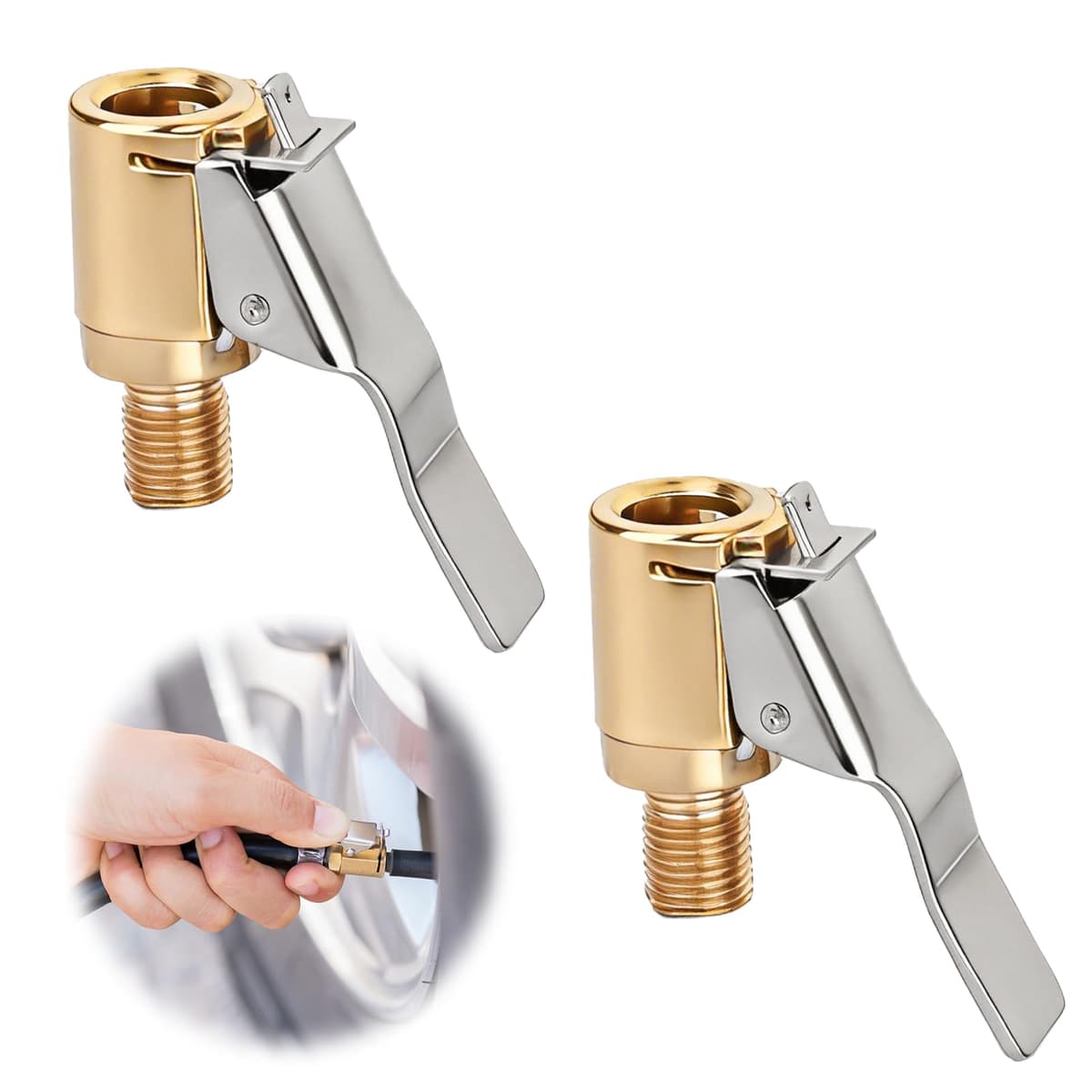 Tyre Inflator Adaptor,2PCS Brass Tyre Valve Air Pump Clip Car Pump Tire Air Chucks with Thread Nozzle Adapters Open End Car Truck Tyre Tire Inflator Valve Connector for Car Truck （8mm） — view 2