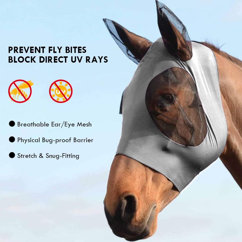 Máscara Antimoscas para Caballos, 1PCS Máscara de Mosca de Caballo con Orejeras,Gris Máscaras Faciales para Caballos Anti-UV, Malla Transpirable, máscara de Freno elástica. — view 3