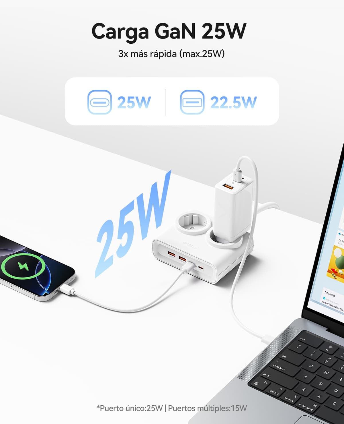 ORICO PowerBrick 6-in-1 Power Strip Sockets White – 2 AC Outlets + 4 USB (2 USB-C PD), Quick Charge 25W GAN, Cable 1.6 m, 2500 W MAX for Home, Office, Table (PDC) — view 4