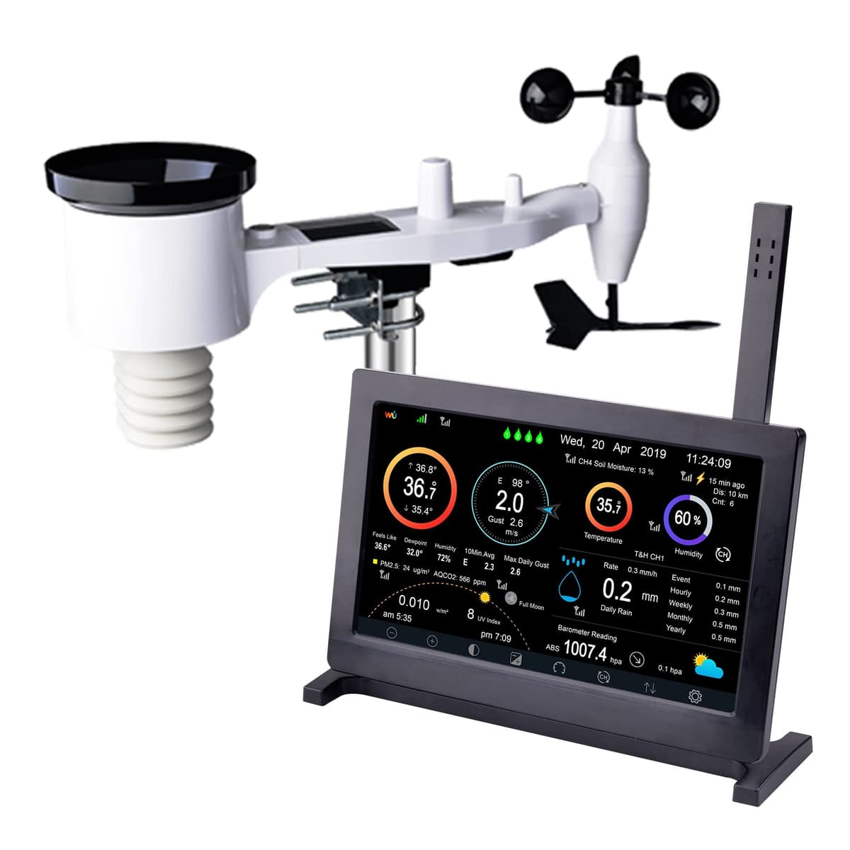 ECOWITT HP2561 WIFI Estación meteorológica, 7 en 1 jardín Sensor inalámbrico al aire libre WS69 con energía solar + 7 pulgadas de interior TFT color Pantalla incorporada 3 en 1 Sensores para la casa