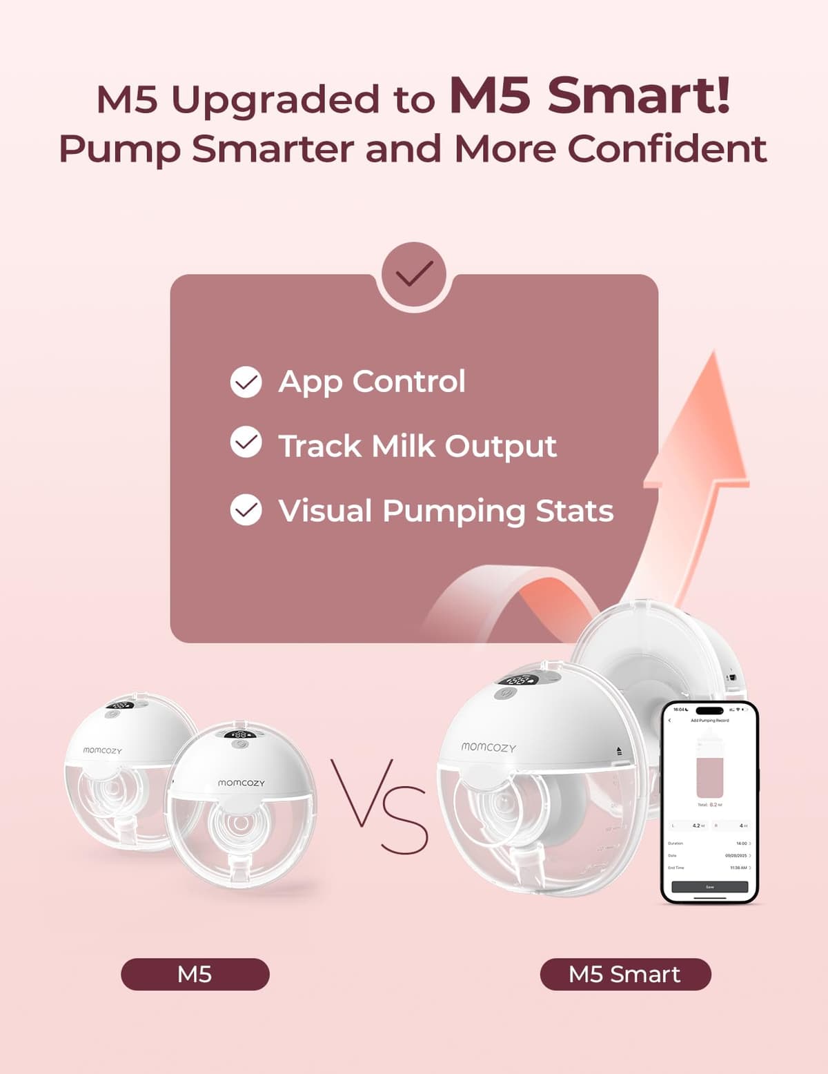 Momcozy M5 Smart Breast Pump, APP Controlled Wearable Hands‑Free Electric Pump, 3 Modes 9 Suction Levels, Portable Lightweight Pump, 24mm Flange, 1 Count, Quill Gray — view 2