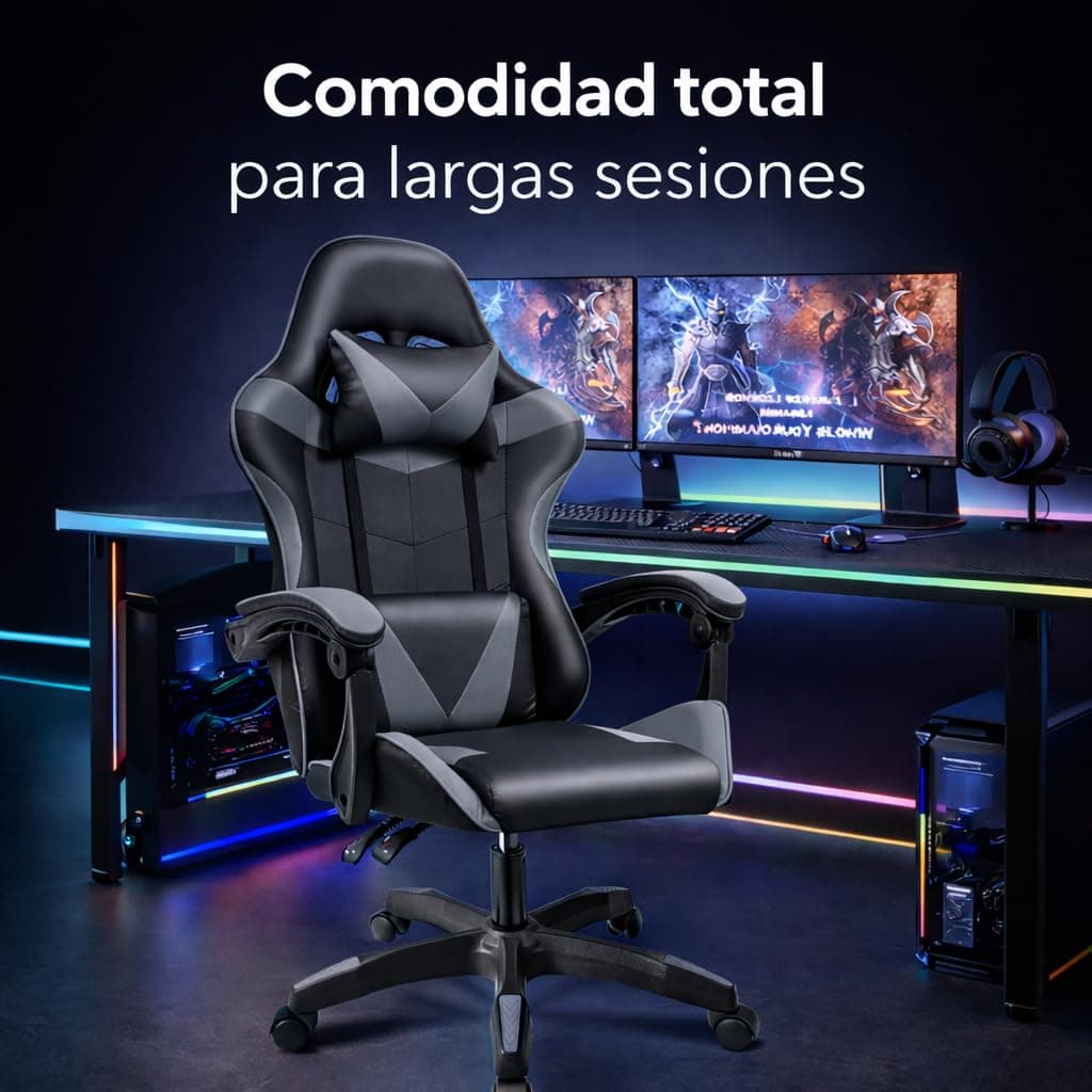 Silla Gaming Ergonómica Reclinable con Cojín Lumbar y Cervical | Altura Ajustable, Reposabrazos Acolchados, Ruedas 360° | Ideal para Oficina, Escritorio, Teletrabajo, Estudio, Juego, Ordenador — view 4