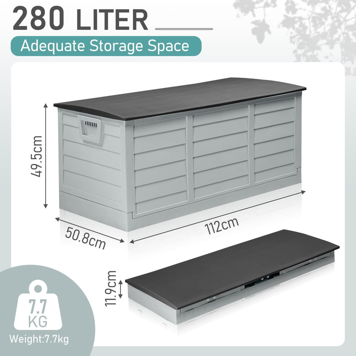 Foldable Garden Storage Box, 280L Outdoor Plastic Utility Chest Organiser with Strapped Lid, Weather Resistant, Portable, Ideal for Garden, Patio, Balcony, Decking, Grey&Black — view 2