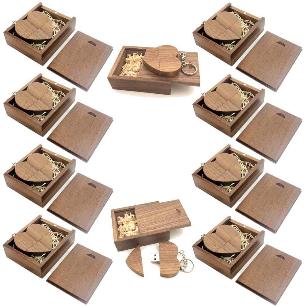 A Plus+ 10 Unidades Flash USB de 32 GB Stick Memory Forma de corazón con Caja de Madera Regalo de Boda