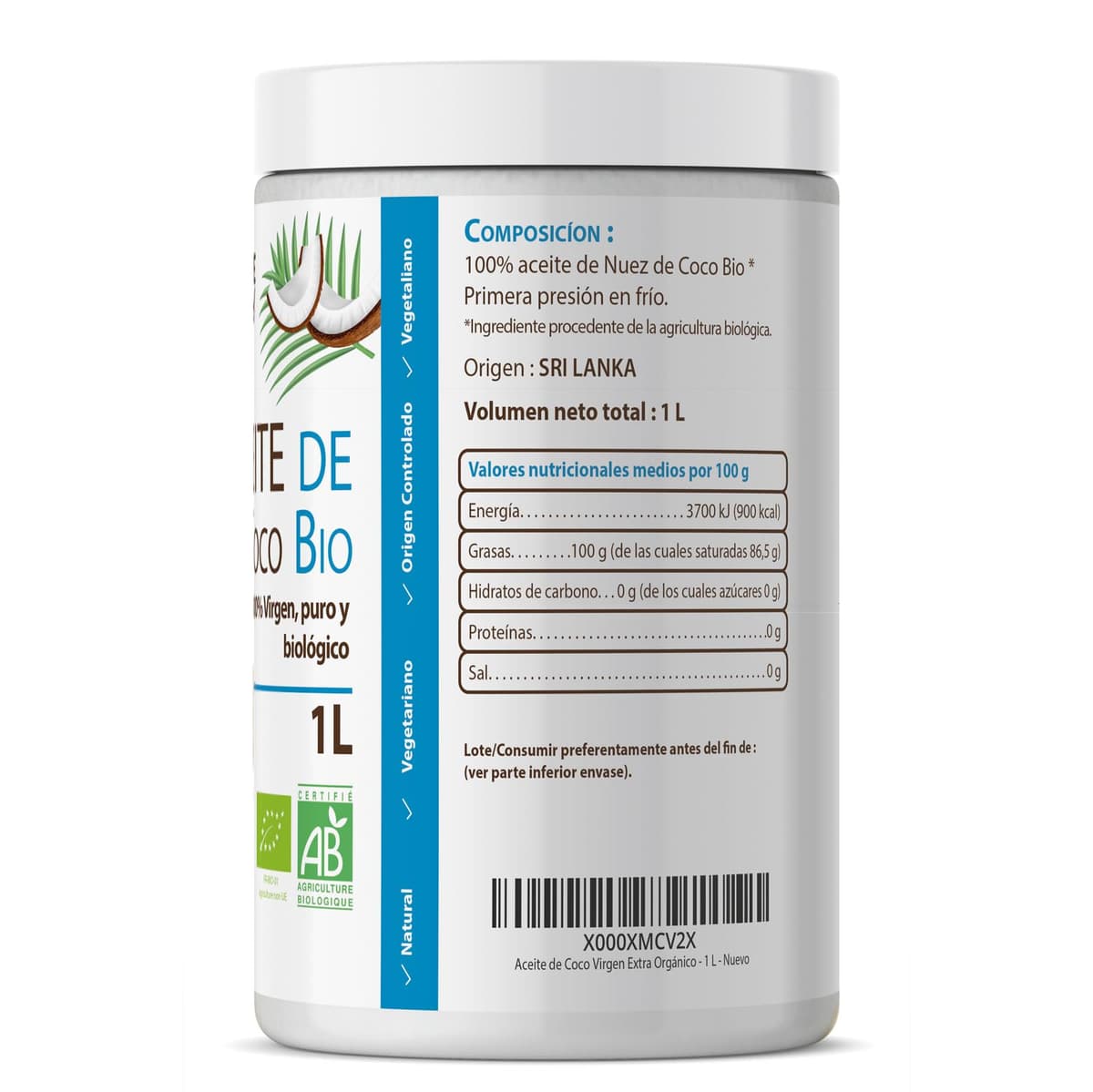 Aceite de Coco Virgen Orgánico 1 L - PRENSADO EN FRIO - Ideal para Cocinar - Ingredientes Naturales - Virgen Extra - Hidrata Piel y Cabello - Apto para Veganos — view 3