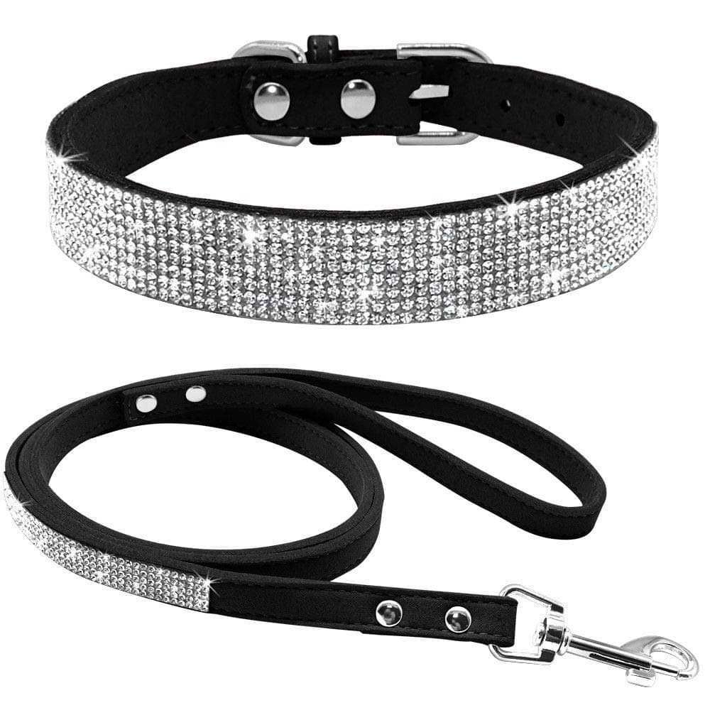 Cute Dazzling Sparkling Elegant Fancy Soft Suede Leather Bling Rhinestone Crystal Jeweled Pet Cat Dog Puppy Collar Dog Leash Combo Set (S, Black-2) — view 9