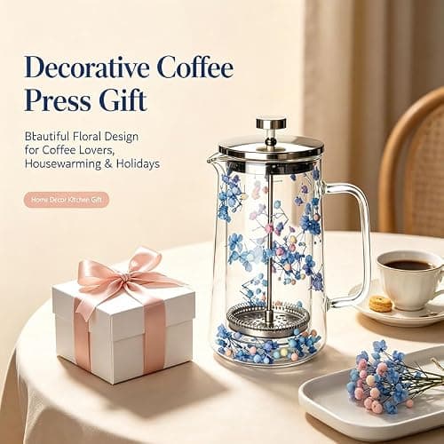 Briclis Glass French Press Coffee Maker 34oz, Embedded Dried Flower Double Wall Borosilicate Coffee Press, No Plastic, 4-Level Stainless Steel Filter for Tea & Cold Brew, Cute Decorative Design — view 5