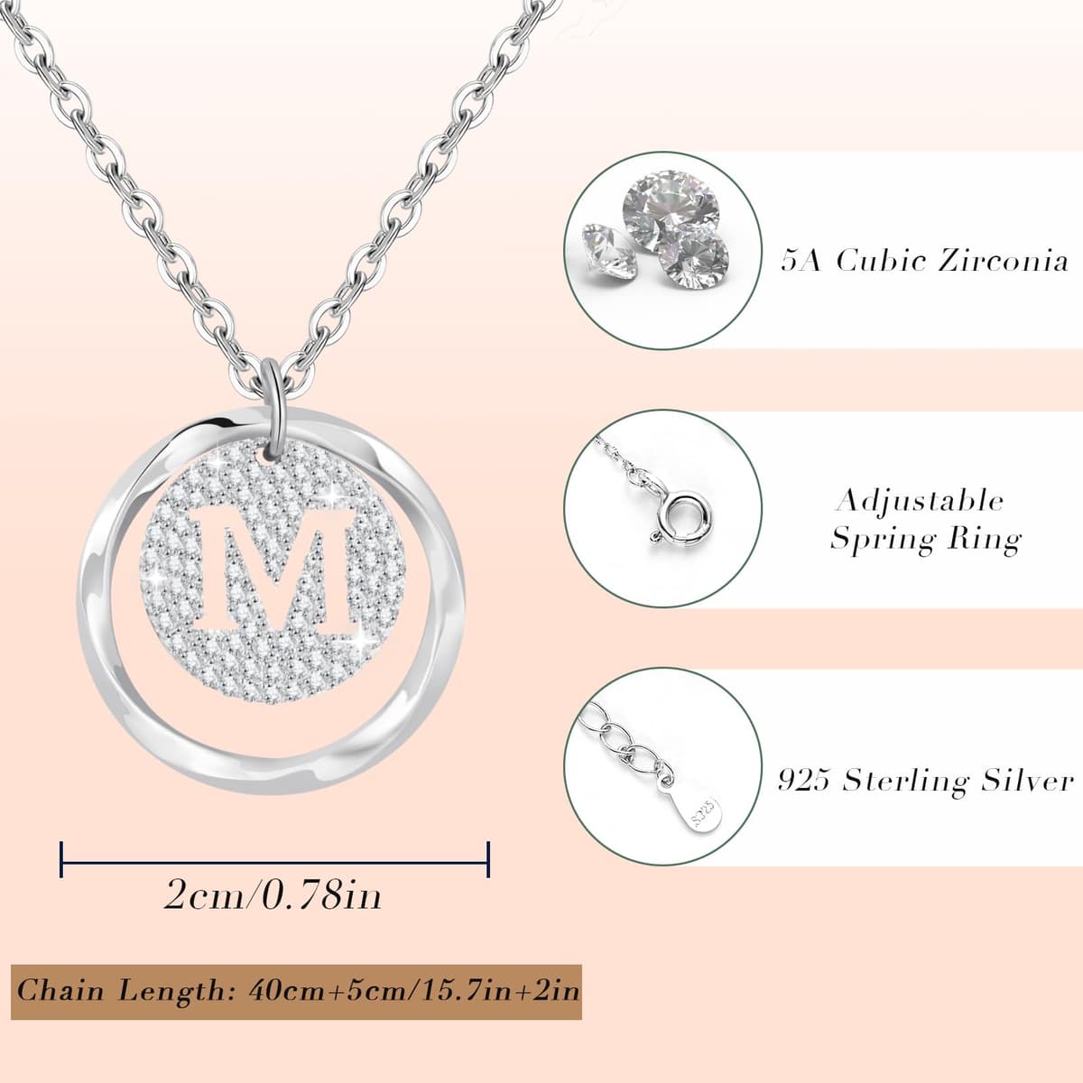 A-Z Initial Necklace for Women in 925 Sterling Silver Personalized Necklace with Silver Letter Necklace with Cubic Zirconia Adjustable Silver Jewelry for Women — view 3