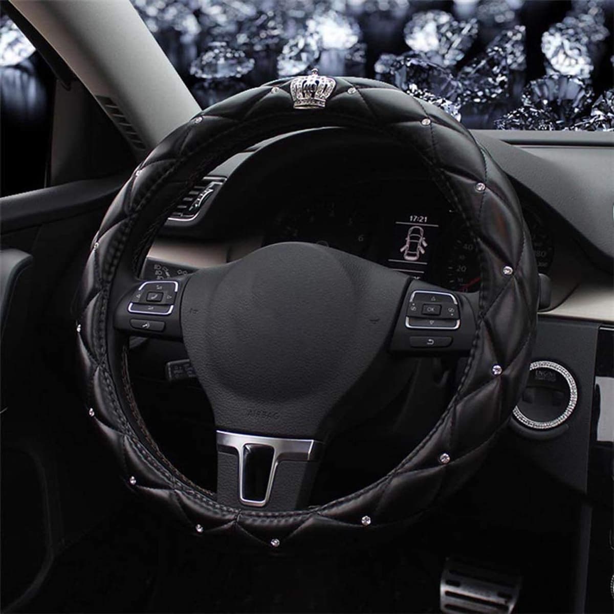 eing 2PCS PU Leather Car Seat Belt Cover Shoulder Seatbelt Pad with Bling Rhinestones Crown for Adults Youth,Black — view 8