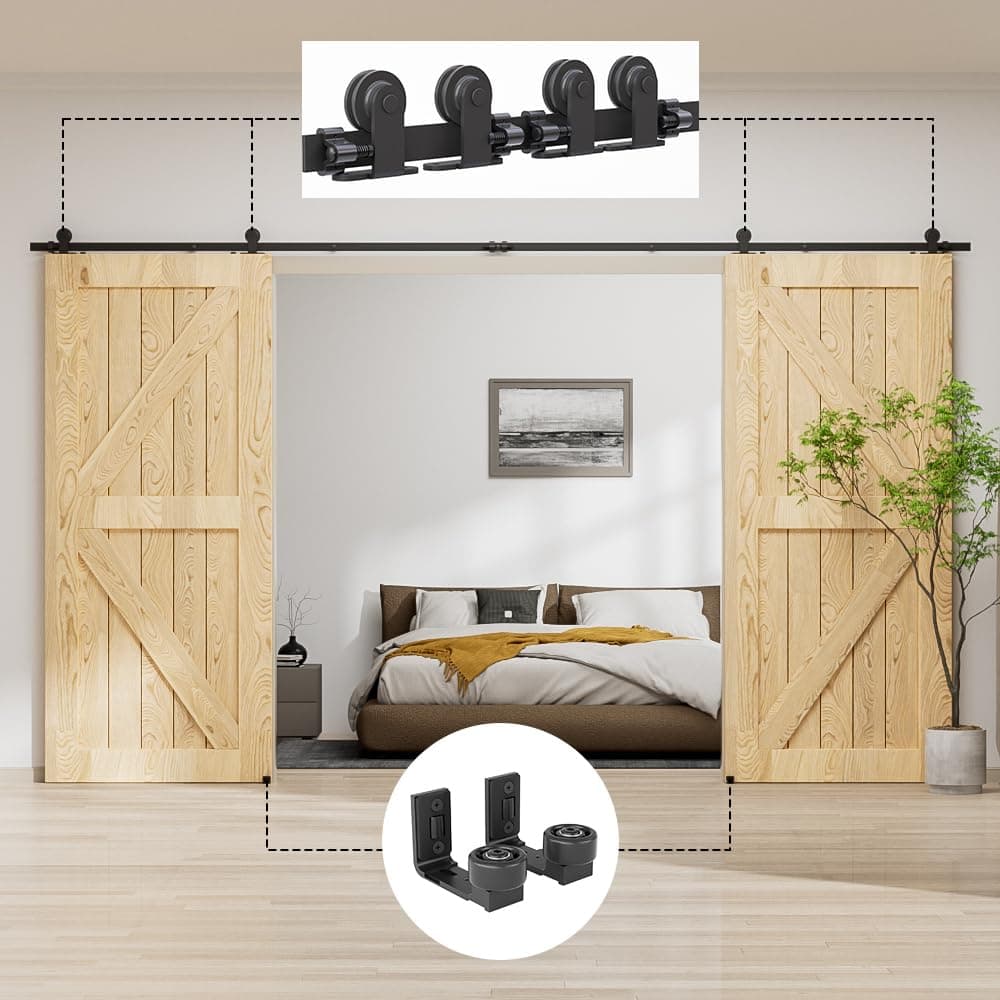 LTIYITL 274CM (9FT) Herraje Para Puerta Corredera Kit de Granero Accesorio de Armario Con Rodillo de Riel Para Puerta Doble,Contiene Guía de Suelo Ajustable