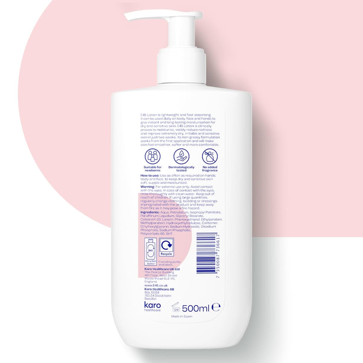 E45 Moisturising Lotion 500 ml for Dry & Sensitive Skin - Long-Lasting Hydration Protect from Dryness, Reduce Redness - Dermatological Body Moisturiser Lotion - Body Lotion - Daily Moisturiser — view 7