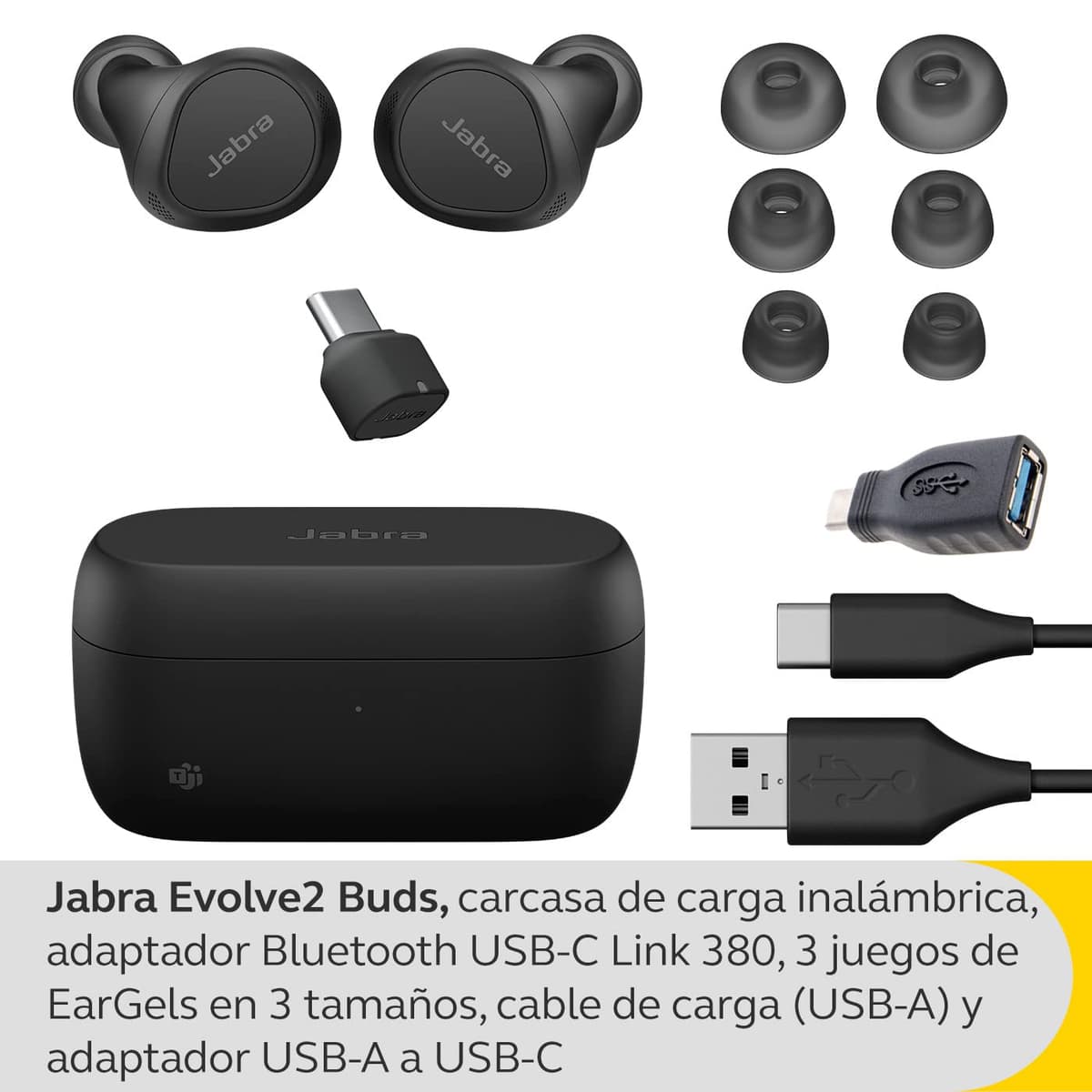 Jabra Evolve2 Buds, Auriculares Bluetooth Intraaurales Inalámbricos, Cancelación Activa de Ruido y Tecnología MultiSensor con 4 Micrófonos, Certificados para MS Teams, Negro — view 2