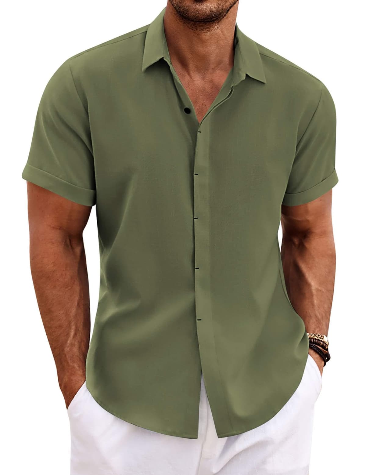 COOFANDY Men's Linen Shirts Short Sleeve Casual Shirts Button Down Shirt for Men Beach Summer Wedding Shirt — view 10