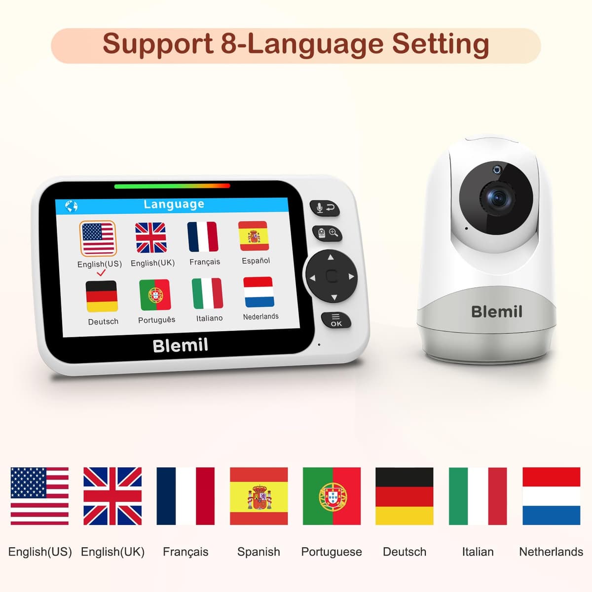 Blemil 5" Split-Screen Baby Monitor with 30-Hour Battery, Large Video Baby Monitor with Camera and Night Vision, Remote Pan/Tilt/Zoom Camera, Two-Way Talk, Lullabies, No WiFi,Up to 1000ft — view 4