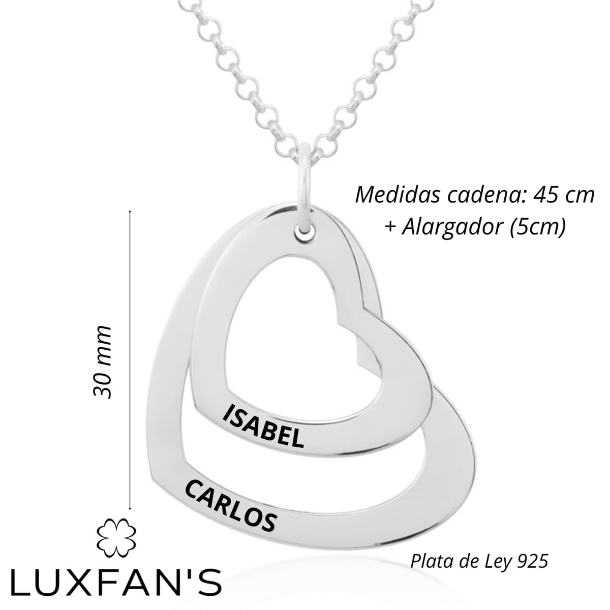 Collar Corazón con Grabación de Nombres Personalizada en Plata de Ley 925 Cadena de 45cm + Alargador. Regalo ideal de San Valentín, para Novia Madre Abuela. Hecho en España. (2 Corazones Plata) — view 2