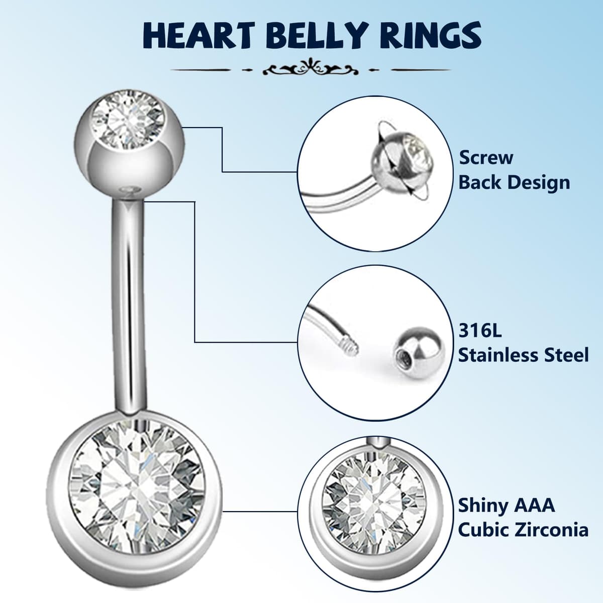 Aucuu 3/4/5/12/20PCS Piercing Ombligo, 14G de Acero Inoxidable, Forma de Barra Curvada y Circonita CZ Cúbica Perla Ombligo Joyería para Mujeres Hombres — view 3