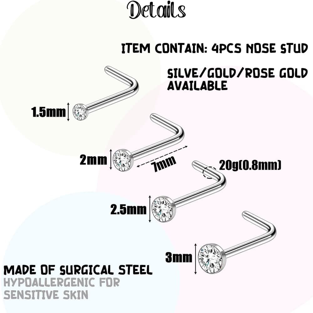 PunkTracker 20G 1.5mm 2mm 2.5mm 3mm 3.5mm 4mm Nose Rings, 4-12Pcs Clear Diamond CZ Nose Studs Nose Piercings Jewellery — view 2
