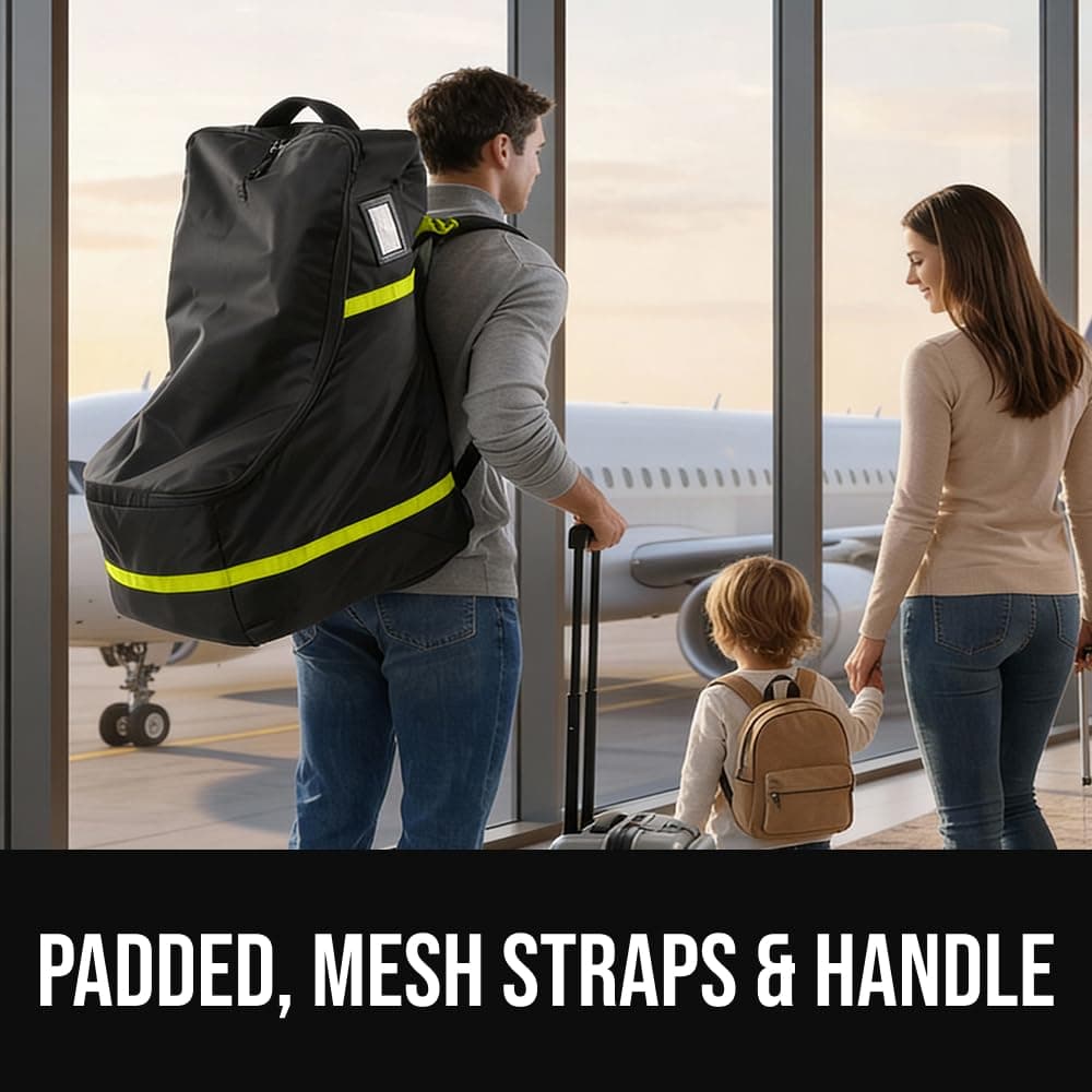 GORILLA GRIP Tear and Water Resistant Padded Car Seat Travel Bag for Airplane and Airport, Universal Fit Baby Carseat Bags, Holds Up to 50lbs, Handle & Shoulder Straps, Air Gate Check Carrier, Yellow — view 6