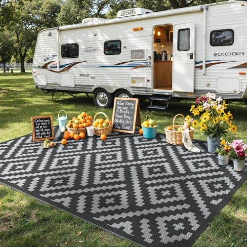 GENIMO Outdoor Rug for Patio Clearance,5'x8' Waterproof Mat,Reversible Plastic Camping Rugs,Rv,Porch,Deck,Camper,Balcony,Backyard,Black & Gray — view 2