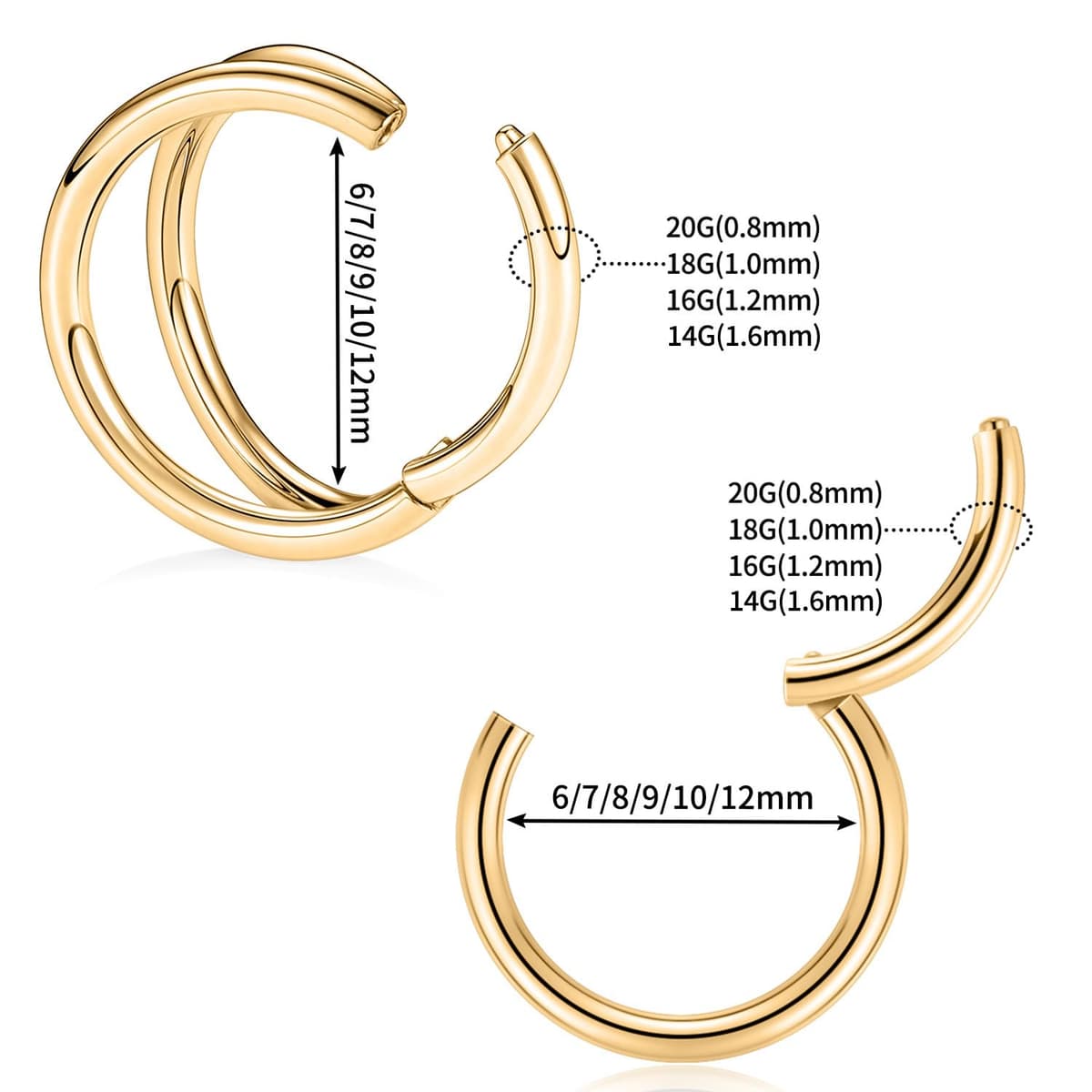 GAGABODY 2 Pcs Nose Rings 20G 18G 16G 14G 12G 10G 8G Surgical Steel Piercing Rings for Nose Septum Cartilage Helix Tragus Conch Rook Daith Lobe from 5mm to 16mm Seamless Hoop Unisex Hinged Earrings — view 3