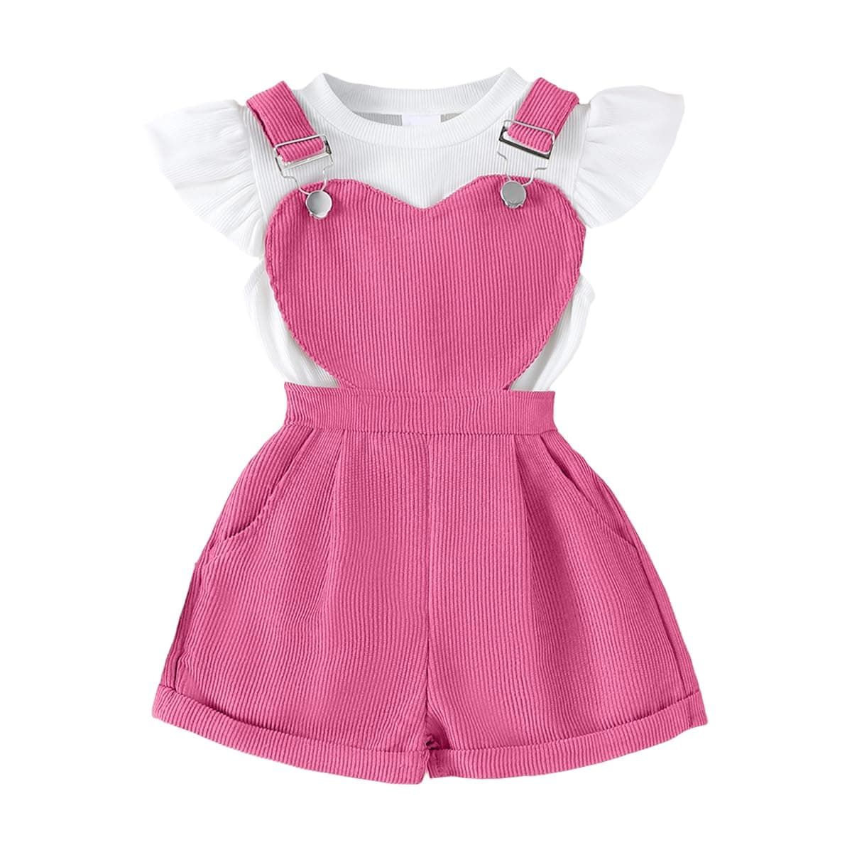 Conjunto Bebé Niña Peto de Verano, Manga Corta Top Acanalado Con Volantes + Ajustable Estampado Floral/Corazones Peto Corto Primavera Conjuntos — view 9