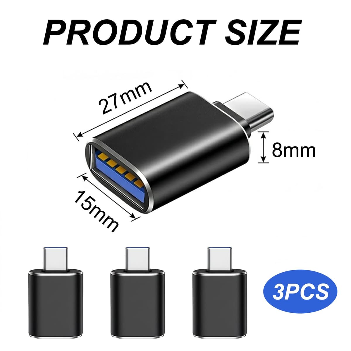 3 Pcs USB to USB C Adapter,Aluminum OTG Converter USB-C to USB Female Adaptor ,USB A 3.0 Female to USB-C Male Compatible with Type-C Phones and Tablets,MacBook Pro, Other USB Type-C Devices(Black) — view 2