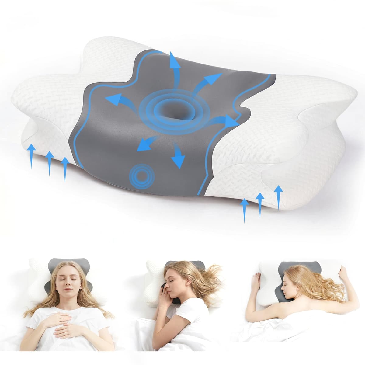 COSYLAND Almohada Cervicales y Cuello - Espuma Viscoelástica, Diseño Mariposa con Soporte Ergonómico y Transpirable, para Dormir de Lado, Boca Arriba y Boca Abajo, 60 x 40 x 10/13 cm — view 2