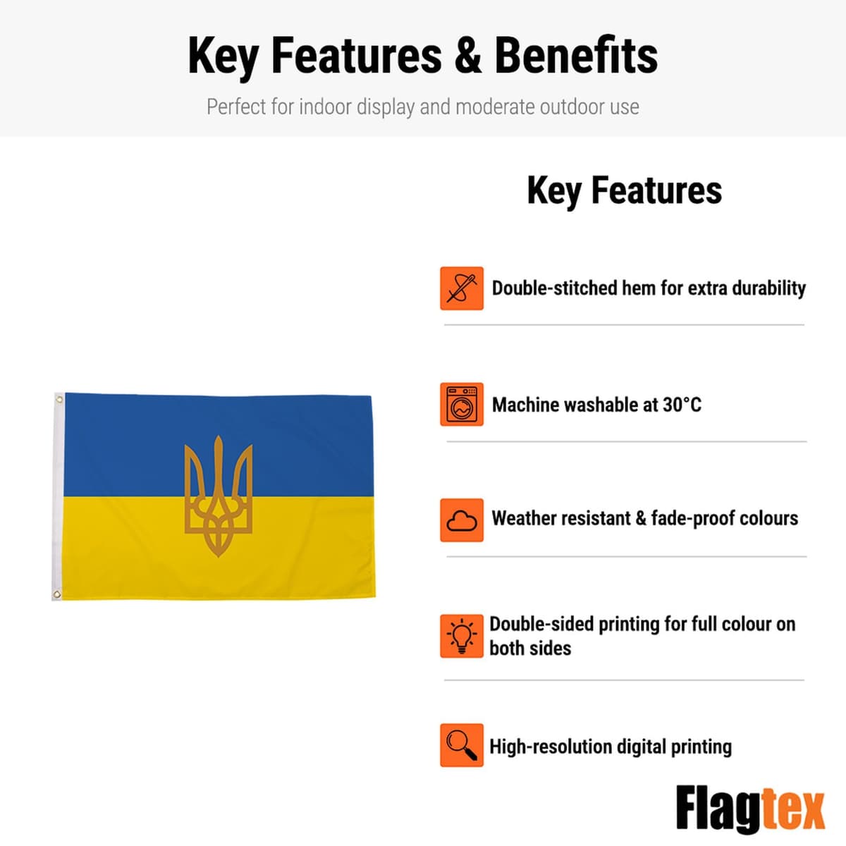Ukraine Flag with Trident Crest 5ft x 3ft (150cm x 90cm) - Ukrainian State Flag with Coat of Arms, Weather Resistant National Crest Flag, Tryzub Banner — view 4