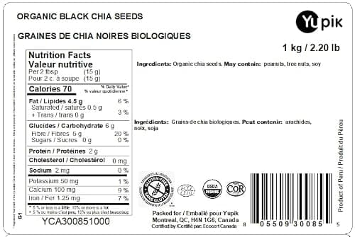 Yupik Organic Black Chia Seeds, 1 kg, Gluten-Free, GMO-Free, Kosher, Vegan, Raw Plant-Based Superfood, Rich in Fiber, Source of Omega-3, Perfect for Smoothies, Salads & Chia Pudding, Gels Easily