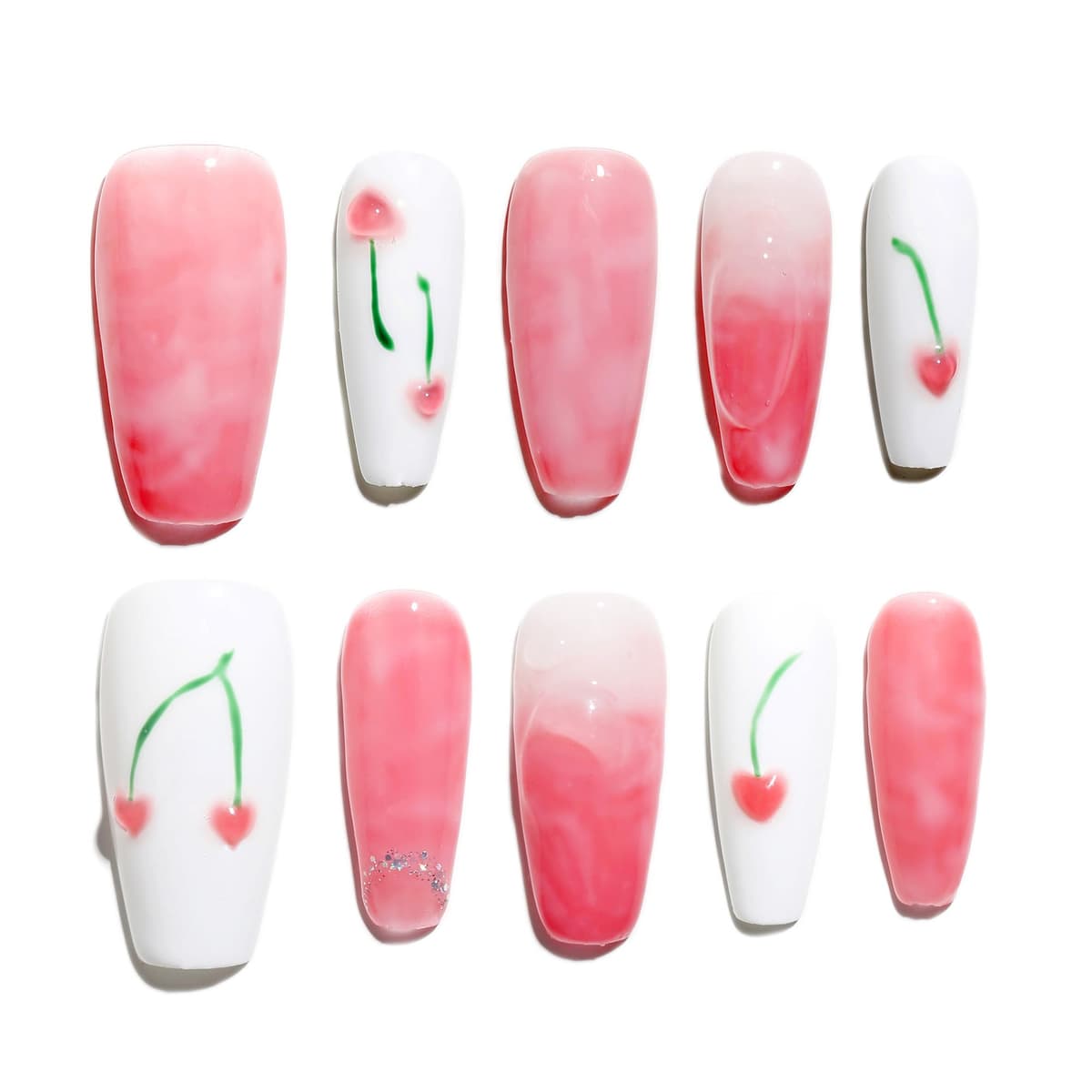 Sun&Beam Nails Handmade Press On Nail Long Coffin Ballerina Pink Flower Acrylic Fake Tip 3D Design Art Charms Cute with Storage Box 10 Pcs (S) — view 5