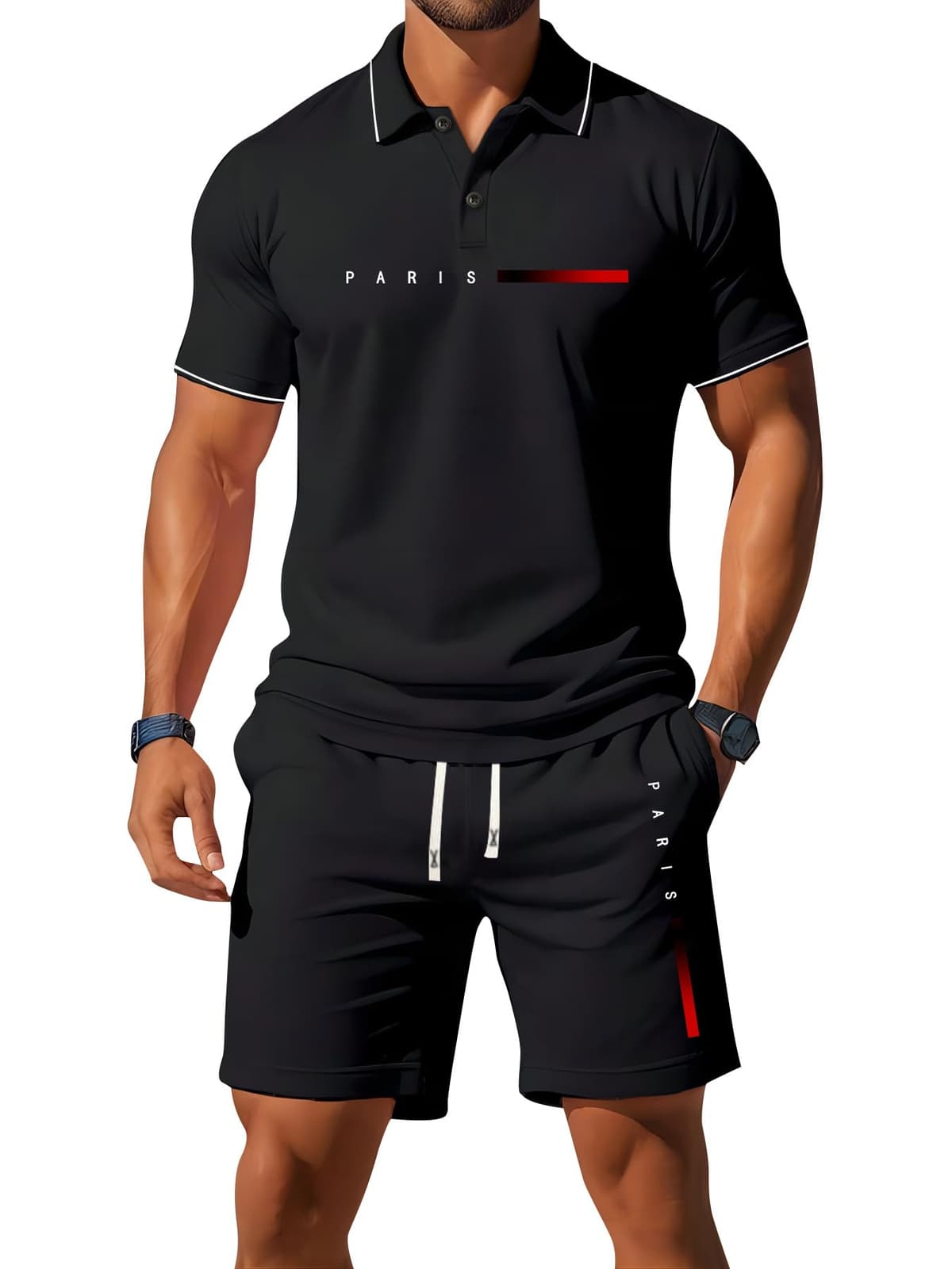 Conjunto de 2 piezas de polo corto con estampado de letras de París para hombre, casual, vacaciones, playa, deportes, atleleeved — view 10
