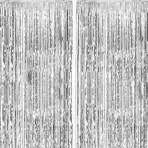 2 Pack Foil Curtain Backdrop Silver Metallic Tinsel Foil Fringe Curtains Photo Booth Props for Birthday Wedding Engagement Baby Shower Bachelorette Christmas Holiday Celebration Party Decorations