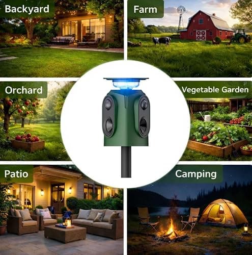 Solar Powered Ultrasonic Animal Repellent Outdoor, 360° PIR Motion Sensor Deterrent with Flashing Light, IP65 Waterproof, Repels Deer, Raccoon, Squirrel, Rabbit, Skunk for Yard, Garden, Orchard, 18kHz
