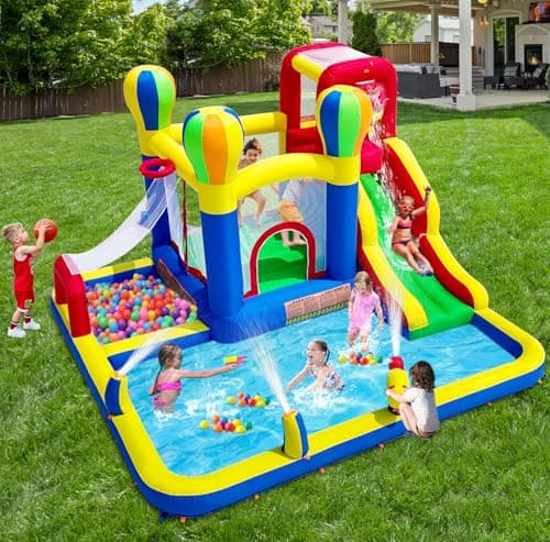 Baralir Bouncy Castle with Water Slide – Backyard Inflatable Water Park with 4 Sprinklers, 2 Splash Pools, Fits 5 Kids, Perfect for Summer Fun & Cooling Down