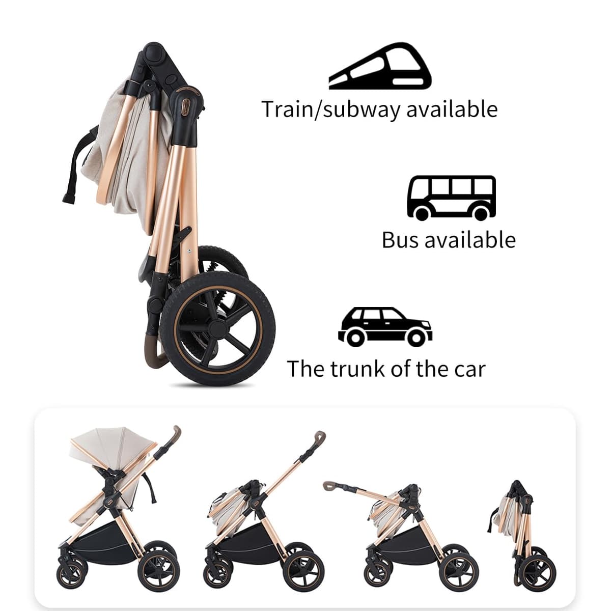 3 in 1 Baby Stroller with Height Adjustable Handle,3 in 1 Prams Travel System, Lightweight Foldable Pushchair, Prams with Aluminum Frame for Portable Baby Carriage (D2 Pink, H2-D) — view 7