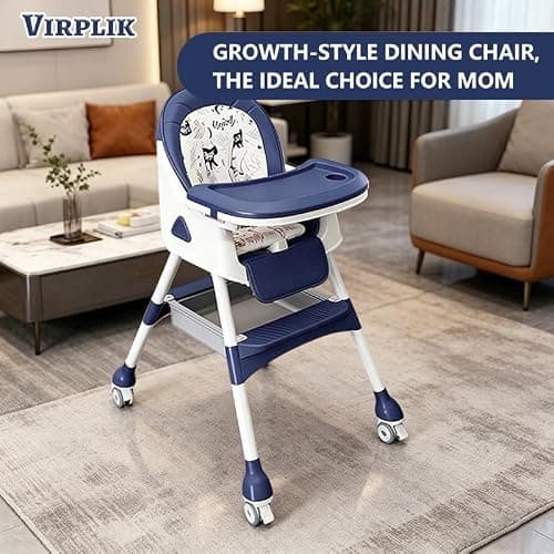 Foldable 4-in-1 Baby High Chair for Babies & Toddlers, High Chair with Detachable PU Cushion, Removable Tray, Adjustable Height, Locking Wheels,Blue — view 2