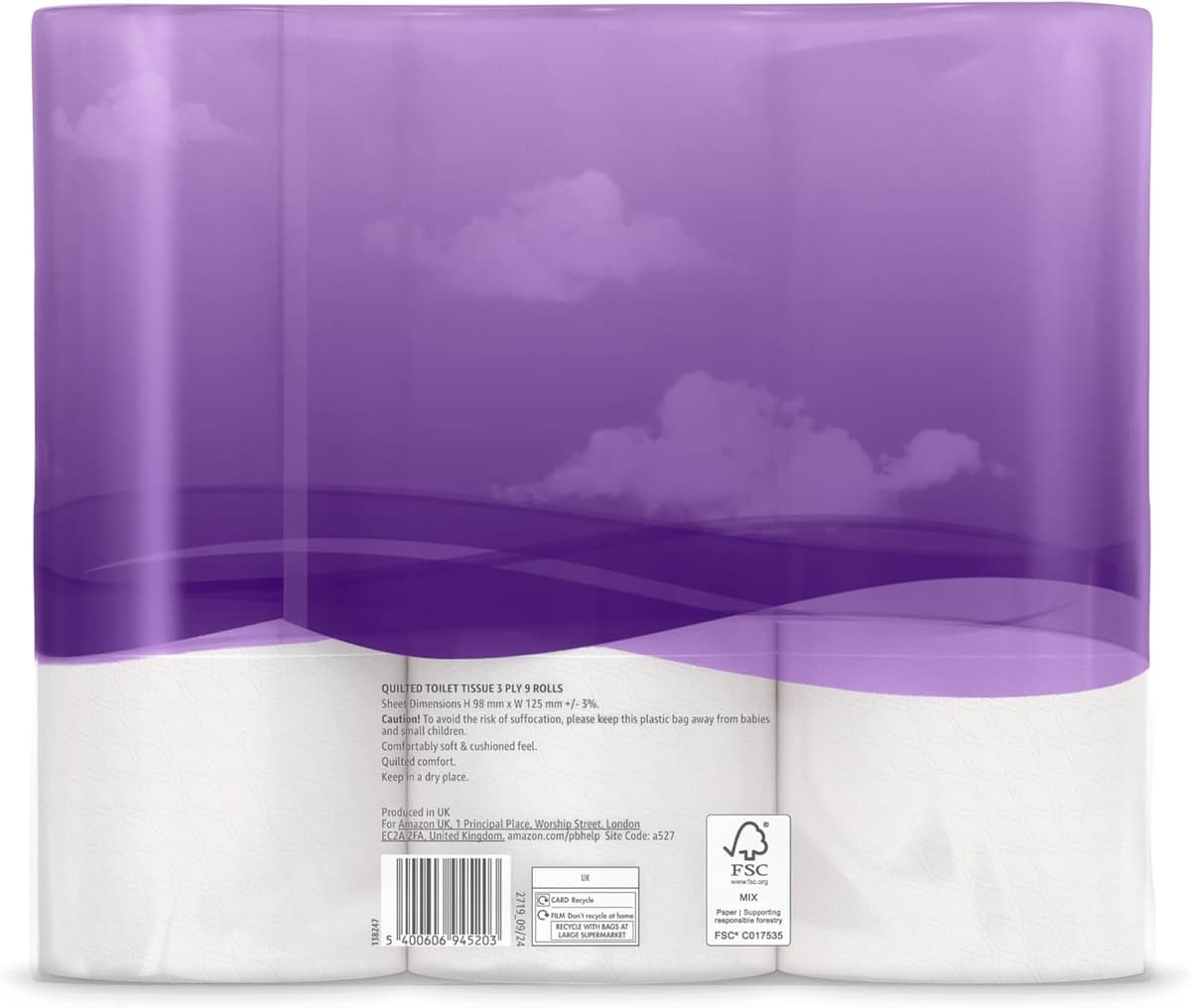 by Amazon Toilet Roll, 3-ply Quilted, Velvety Soft, 45 Rolls (5 Packs of 9), 200 Sheets per Roll, FSC Certified Standard 200 sheet (Pack of 45) — view 2