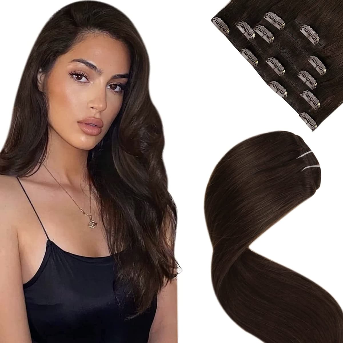 LaaVoo Hair Extensions Clip in Real Human Hair Brown Clip in Hair Extensions Dark Brown Remy Straight Hair Full Head Double Weft 80g 5pcs 14 Inch #4 — view 35