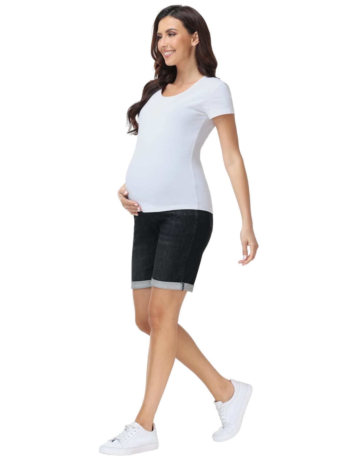 Pantalones vaqueros cortos de maternidad, pantalones vaqueros por encima del abdomen, dobladillo doblado, pantalones cortos de maternidad — view 5