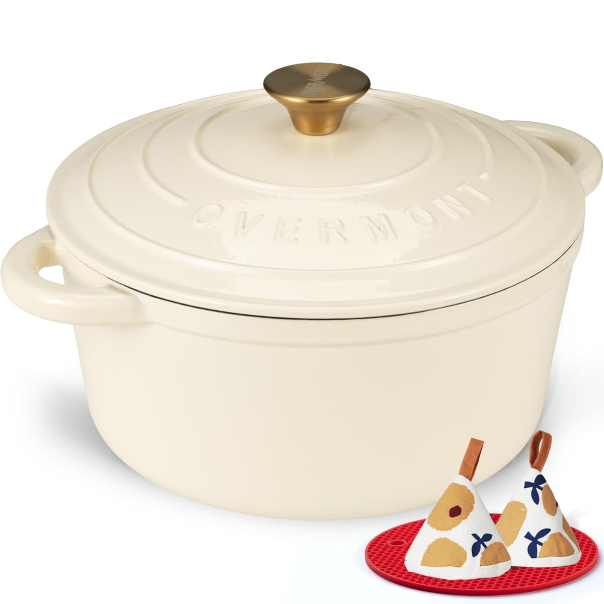Overmont Olla de Hierro Fundido Esmaltado - Cacerola Holandesa Redonda Ø26 CM con Tapa - Dutch Oven Antiadherente para Guisar Cocinar Hornear - Cazuela Aptas para Inducción - 5,2L Blanco