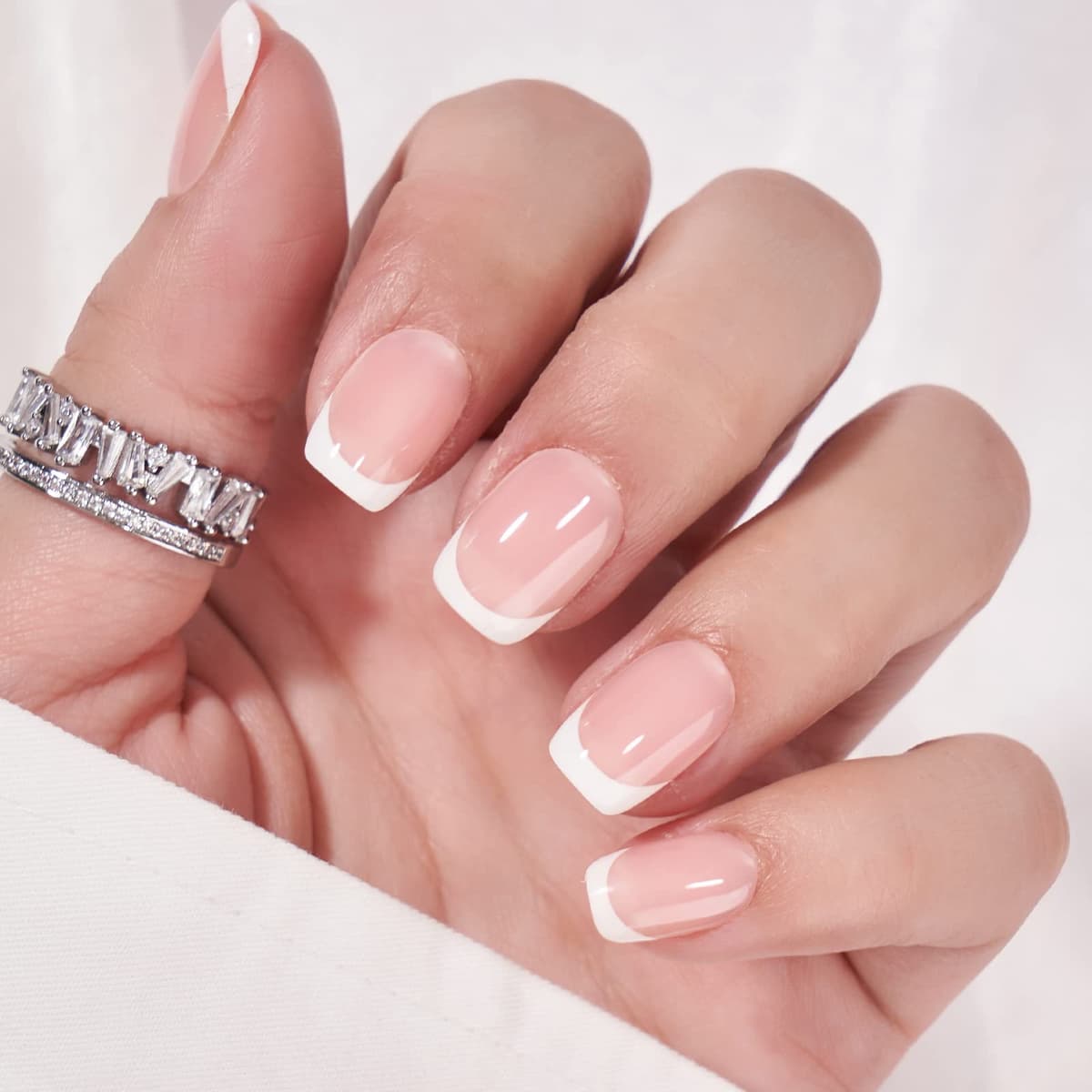 BTArtbox Press On Nails French Tips - 32 Pcs Short Square False Nails With Nail Glue and Adhesive Nail Tabs, No Fade Out Stick On Nails in 16 Sizes, Soft Gel Fake Nail for Women, Classic White — view 3