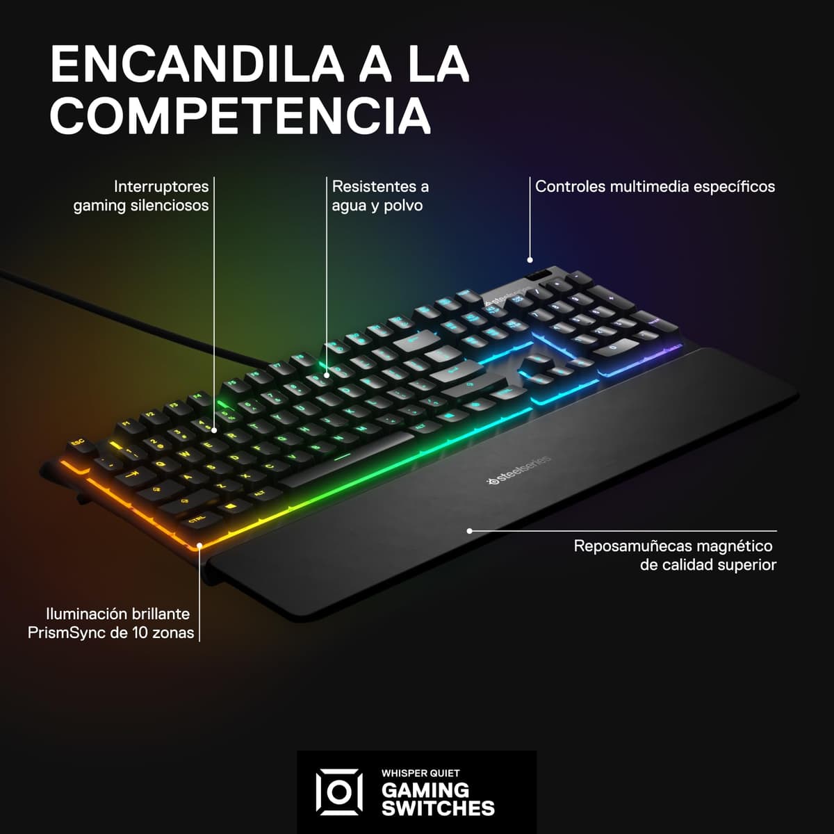 SteelSeries Apex 3 - Teclado Gaming - Iluminación RGB de 10 zonas - Resistencia al agua IP32 - Reposamuñecas magnético superior - Teclado QWERTY Español — view 3