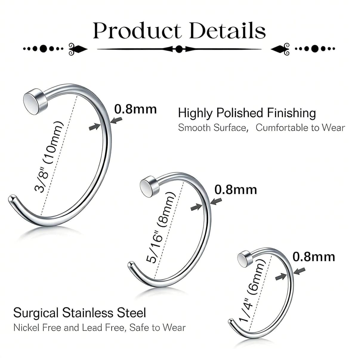 12 Piezas 18G Piercing Nariz Aros Septum Acero Noxidable Quirurgico, Cartílago Pendientes De Aro Bisagra Anillos Piercing Labio Helix Nariz 6mm / 8mm / 10mm — view 3