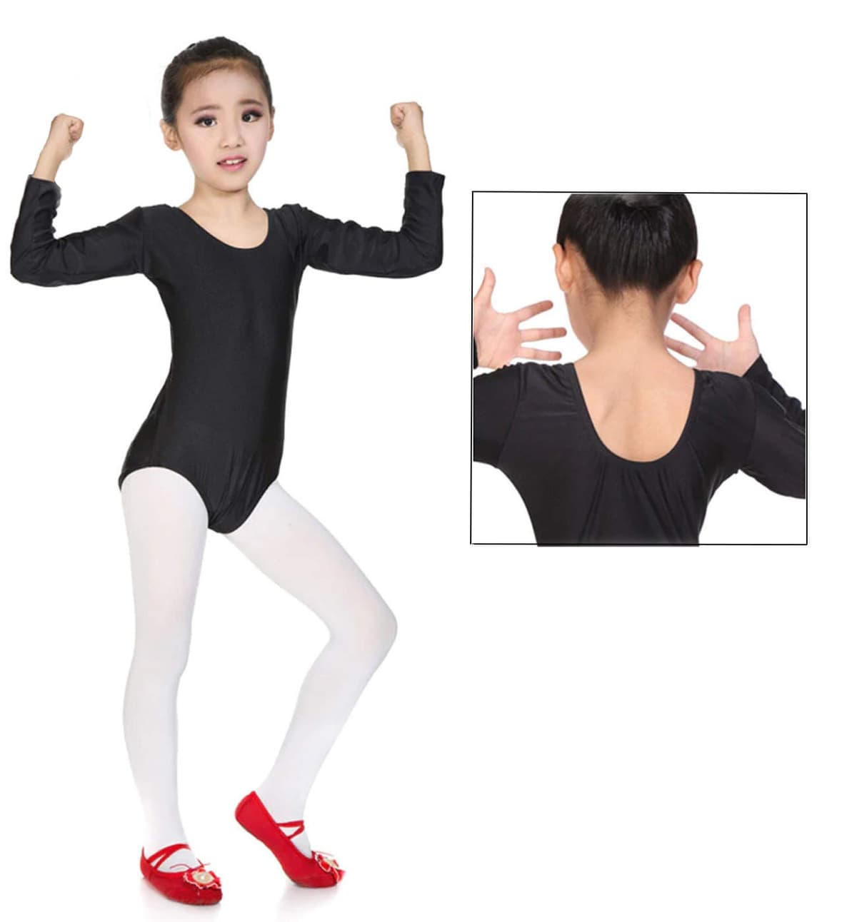 furein Maillot de Danza Ballet Gimnasia Leotardo Body Clásico Elástico para Niña de Manga Larga Cuello Redondo (4 años, Negro) — view 3