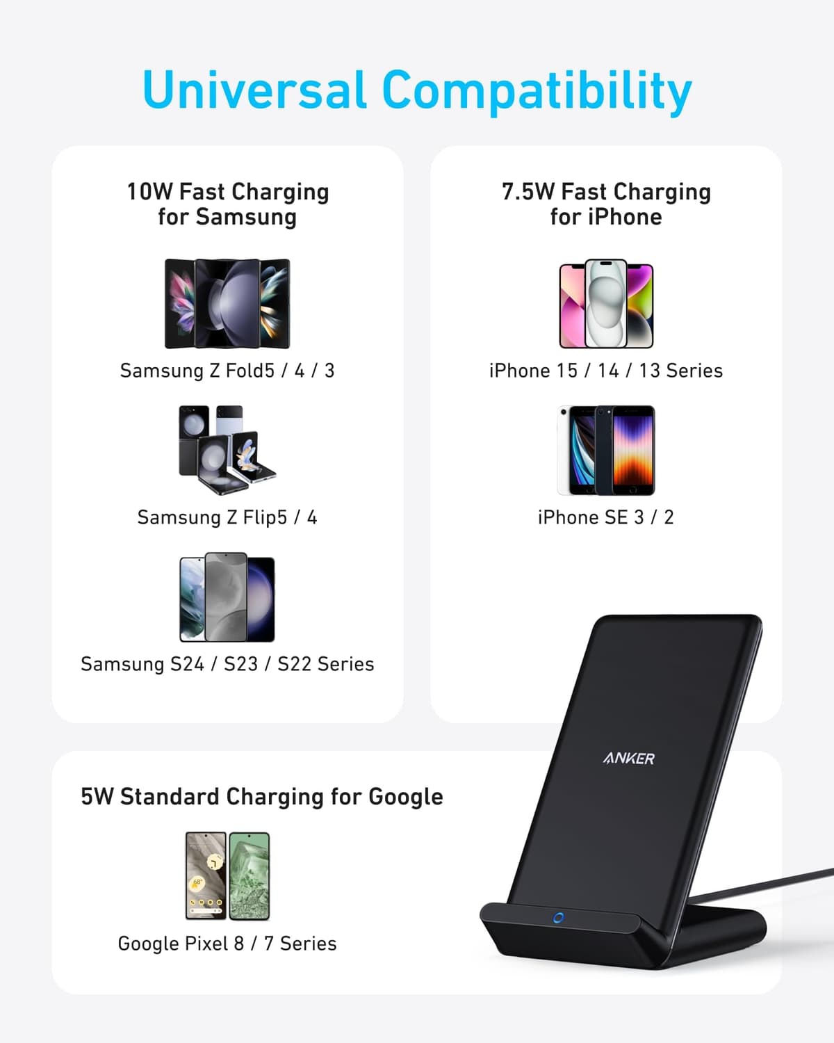 Anker Wireless Charger, PowerWave Stand, Qi-Certified for iPhone 15/14/13/12 Series, SE, 11, 11 Pro, 11 Pro Max, XR, Xs Max, 10W Fast-Charging Galaxy S20 S10 S9 S8, Note 10 (No AC Adapter) — view 3