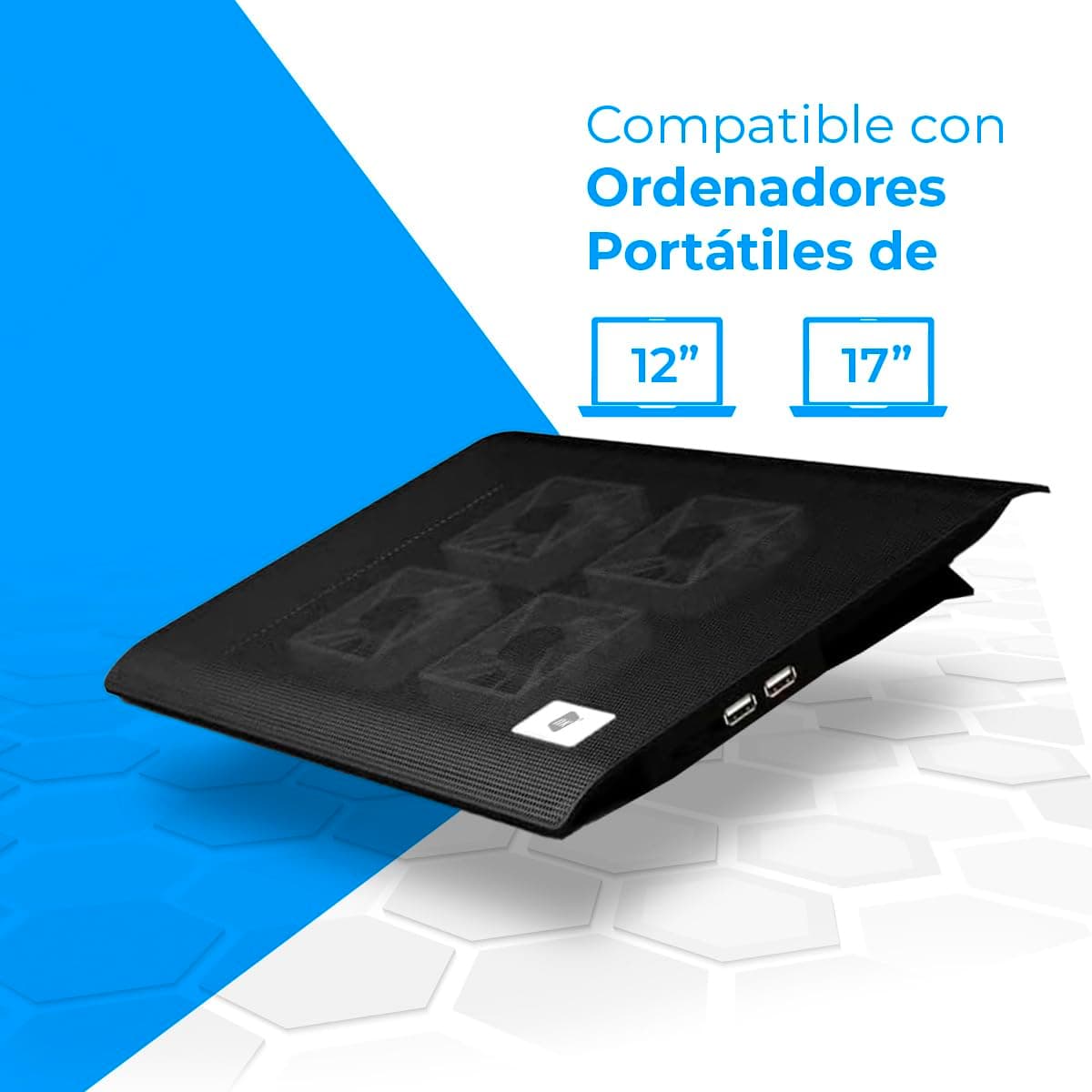 NK Base Refrigeradora Portátil - Ventilador Ordenador Portatil de 12-17" con Soporte, 4 Ventiladores Silenciosos, 2 Puertos USB, Refrigeración Rápida, Luz LED Azul - Color Negro — view 6